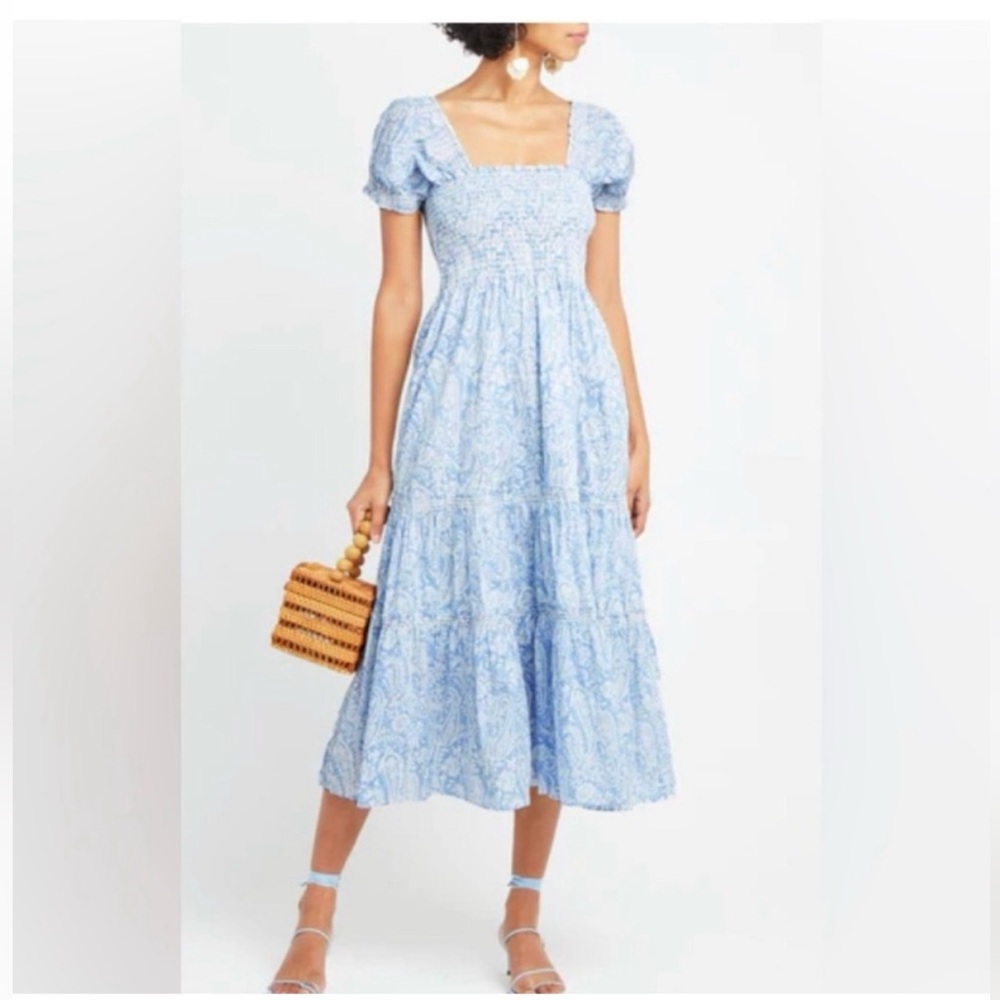 O.P.T. CAARA Blue Paisley Smocked Tiered Midi Dress